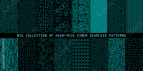 Set of seamless cyber patterns. Circuit board texture. Collection of digital high tech style vector backgrounds photo