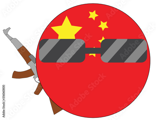 Cool China flag emoji. Round Chinese flag emoticon wearing sunglasses and holding a machine gun. Expression of protest, fighting for freedom, independence, patriotism and Chinese culture..