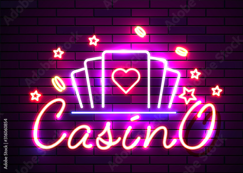 Casino poker signs. Neon logos slot machine gambling emblem, the bright banner neon casino for your projects. Night light billboard, design element.