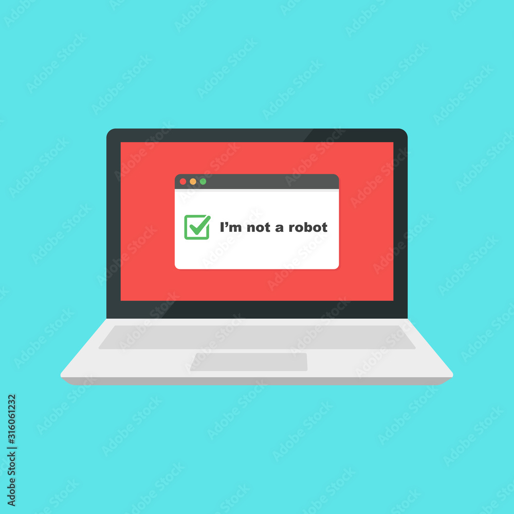 I am not a robot icon on laptop's screen. Checkmark not a robot. Flat style vector illustration I am not a robot icon on laptop's screen. Checkmark not a robot. Flat style vector illustration