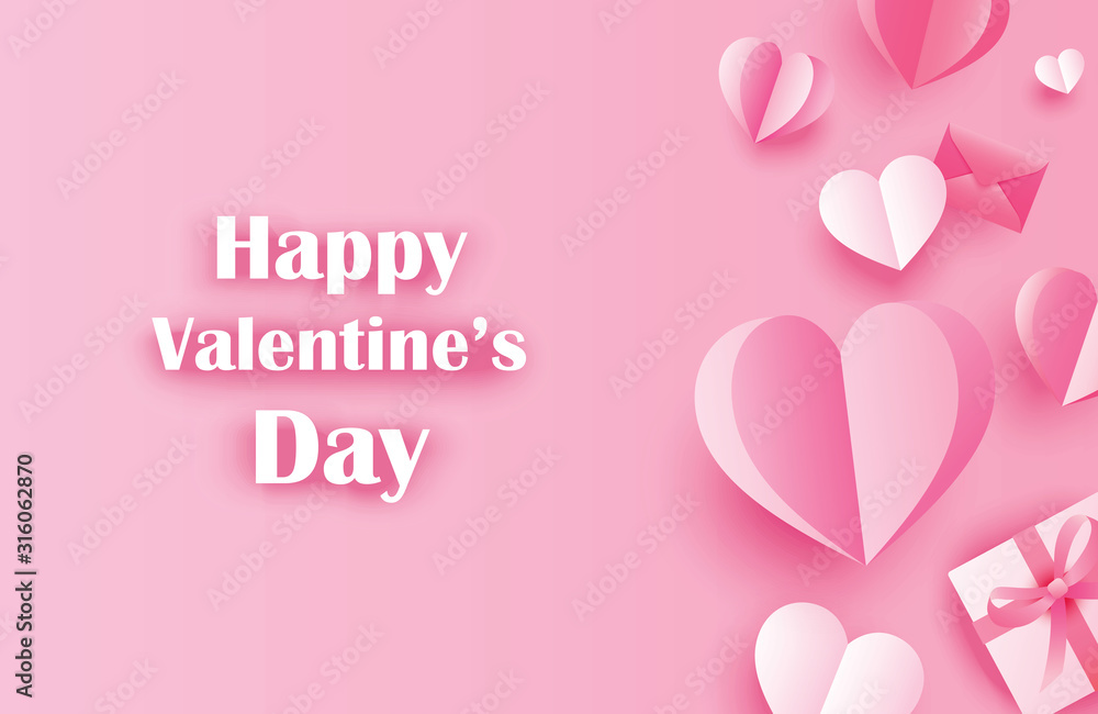 Happy valentines day greeting cards with paper hearts on pink pastel background.