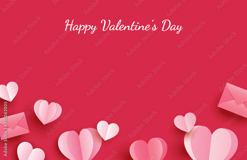 Happy valentines day greeting cards with paper hearts on red pastel background.