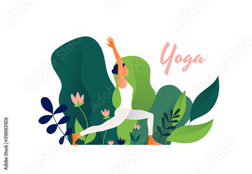 Woman practicing yoga exercise outdoor, yoga pose. Modern flat design concept of web page design or mobile website. International Yoga Day. Vector illustration