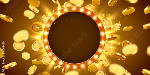 Casino lamp frame with gold realistic 3d coins background. photo