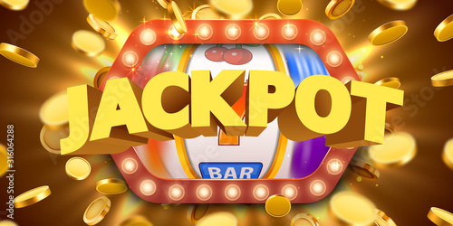 Jackpot sign with gold realistic 3d coins background.
