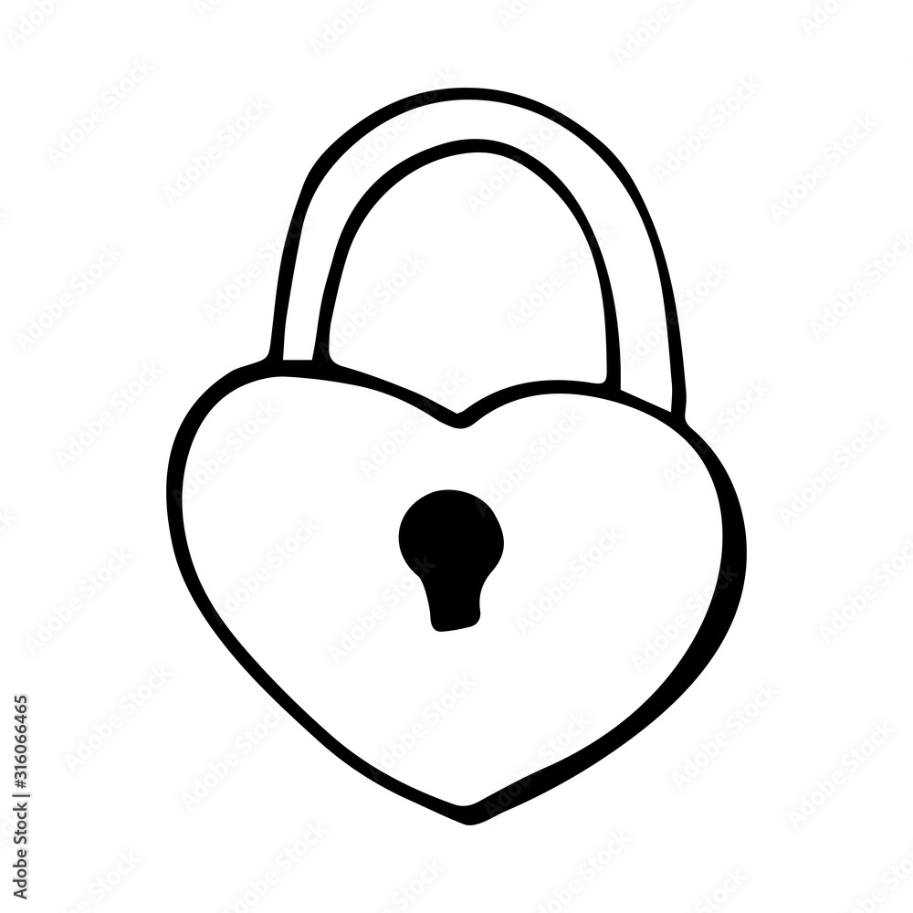Heart-shaped padlock in Doodle style. Element for creating a design for Valentine's day, can be used on postcards, invitations, flyers, posters, advertising. Heart-shaped padlock in Doodle style. Element for creating a design for Valentine's day, can be used on postcards, invitations, flyers, posters, advertising.
