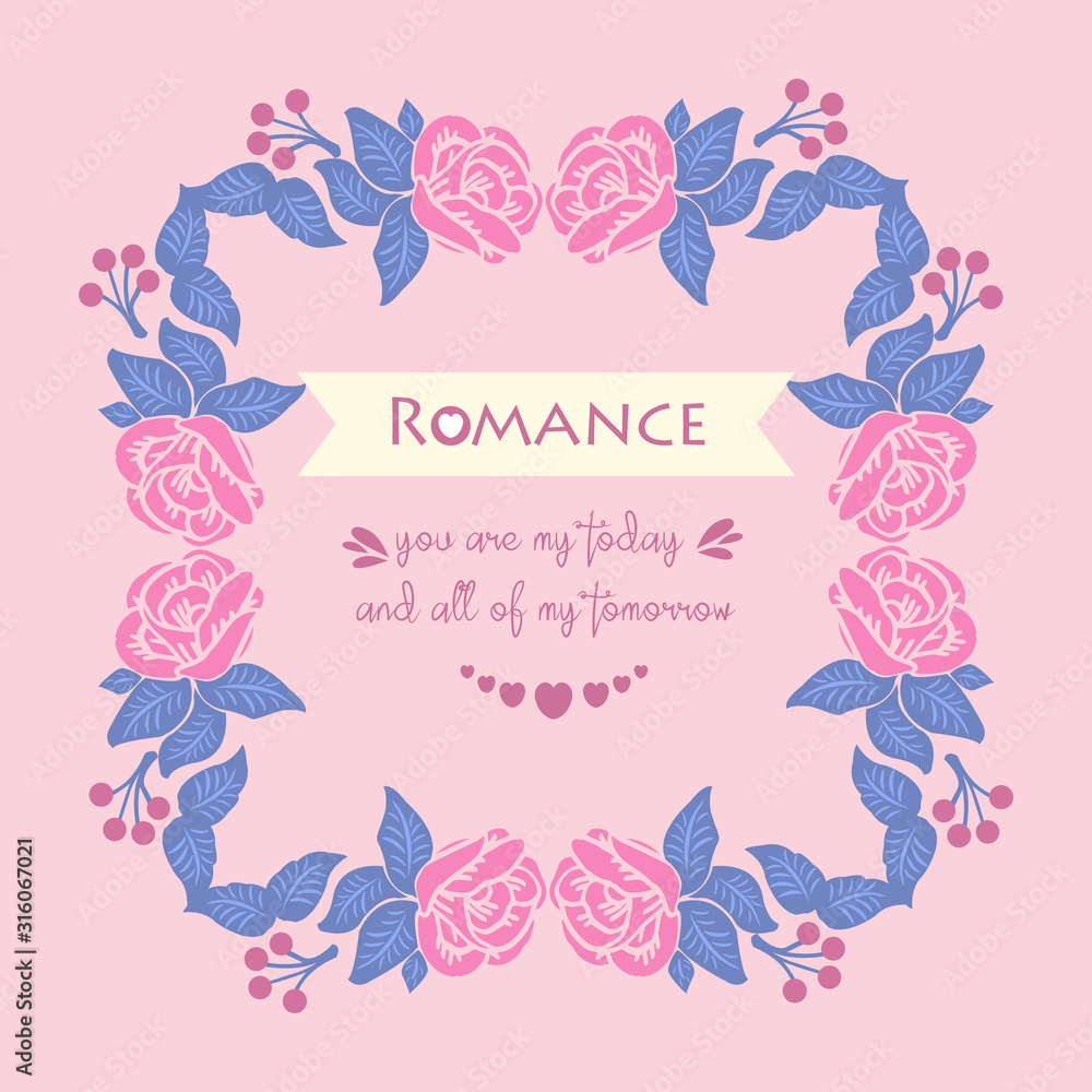 Elegant decoration of leaf and pink rose flower frame, for seamless romance invitation card design. Vector