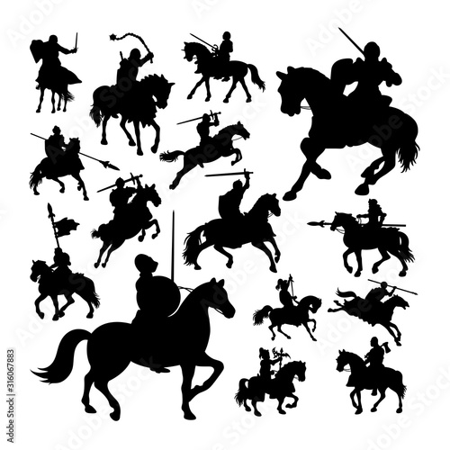 Knight on horse silhouettes. Good use for symbol, logo, web icon, mascot, sign, or any design you want. photo