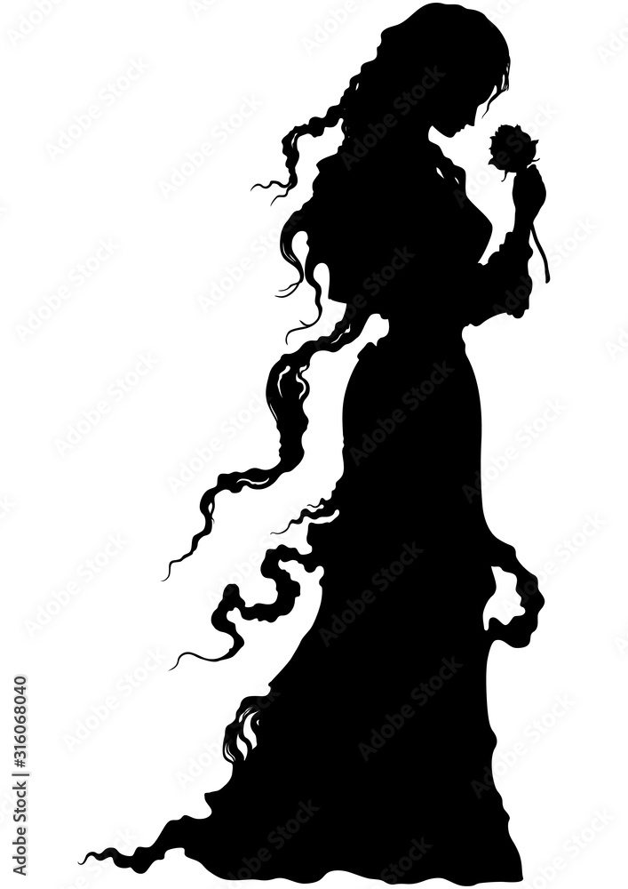 Naklejka premium Fantasy romantic woman with a flower/ Silhouette romantic fantasy girl with a flower