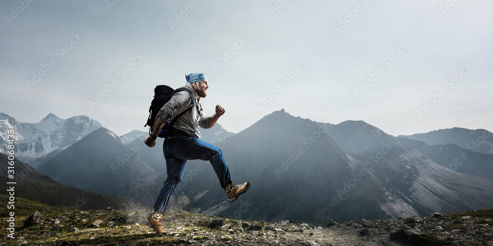 Hiker man with sticks. Mixed media - obrazy, fototapety, plakaty 