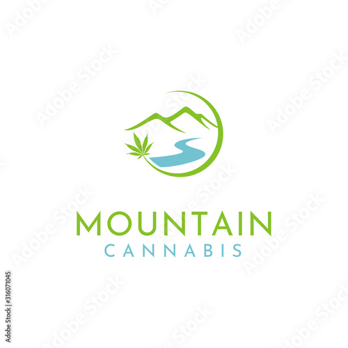 Cannabis Marijuana Pot Hemp Weed Leaf with Hill Mountain Peak Valley and River Creek for Natural CBD or Cultivation logo design