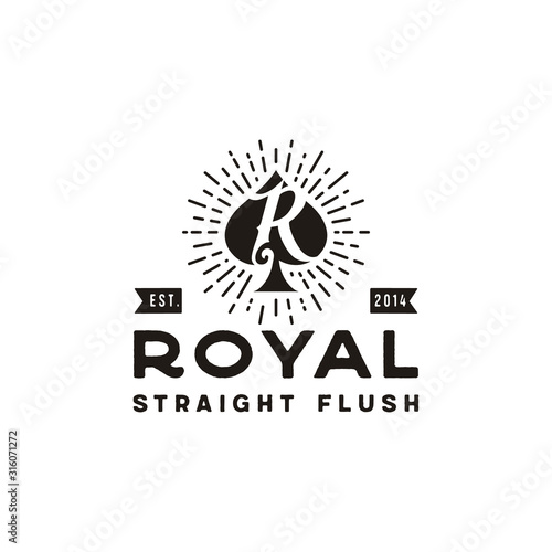Initial R for Royal Flush Spade Poker Game Card Vintage Retro Logo Design