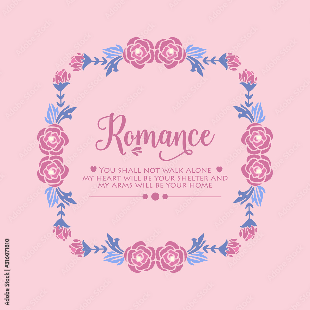 Decoration of leaf and floral frame isolated on pink background, for romance day greeting card design. Vector