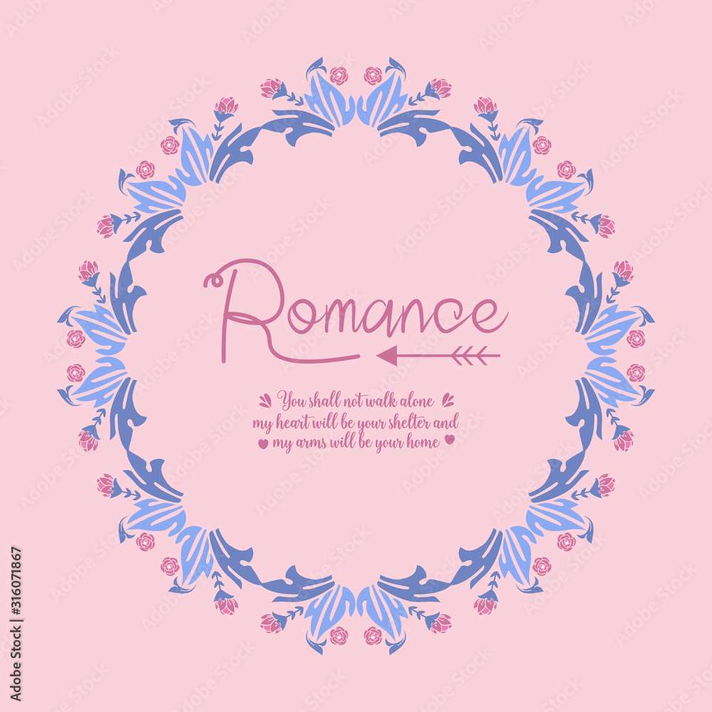 Decoration of leaf and floral frame isolated on pink background, for romance day greeting card design. Vector
