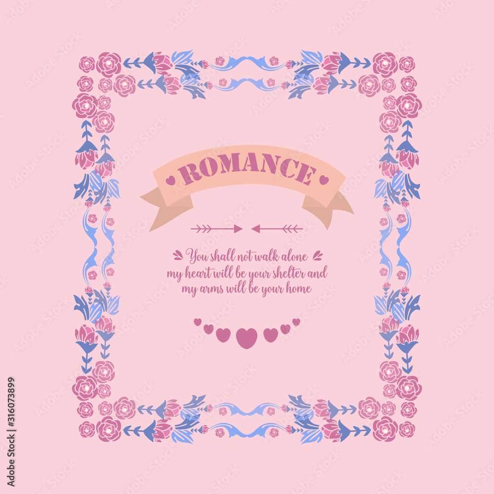 Greeting card design for romance day celebration, with elegant ornate of leaf and flower frame. Vector