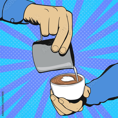 Barista hold cup and making latte or cappuccino art coffee with milk. Pop Art vintage vector illustration
