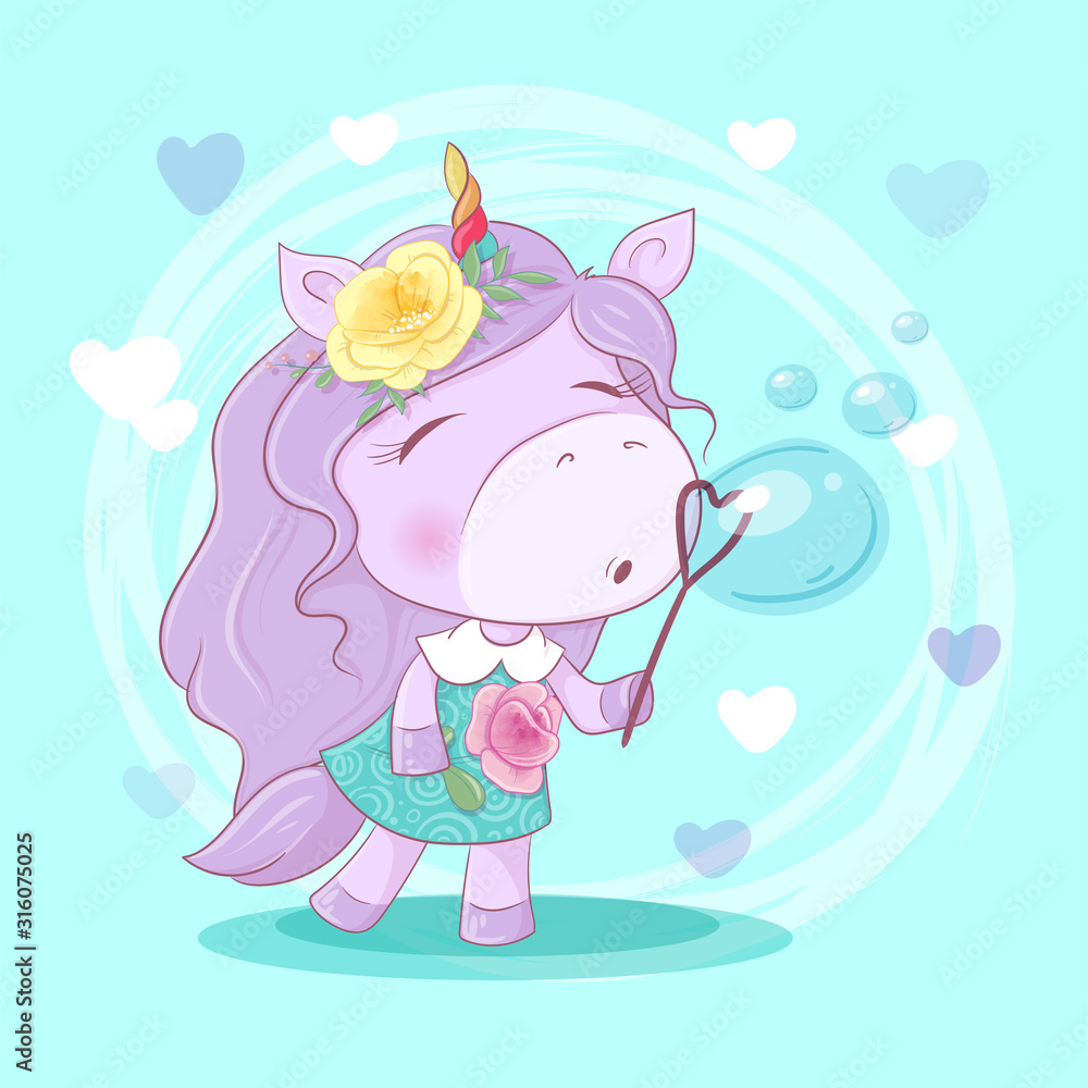Cute cartoon unicorn girl with flowers blowing soap bubbles. Vector illustration