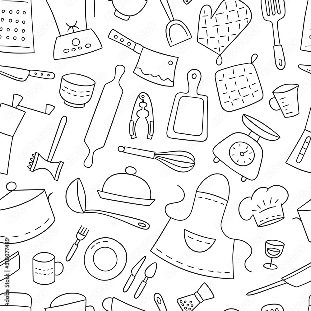 Kitchen tools and tableware. Cook. Seamless pattern. Hand drawn vector illustration in doodle style.