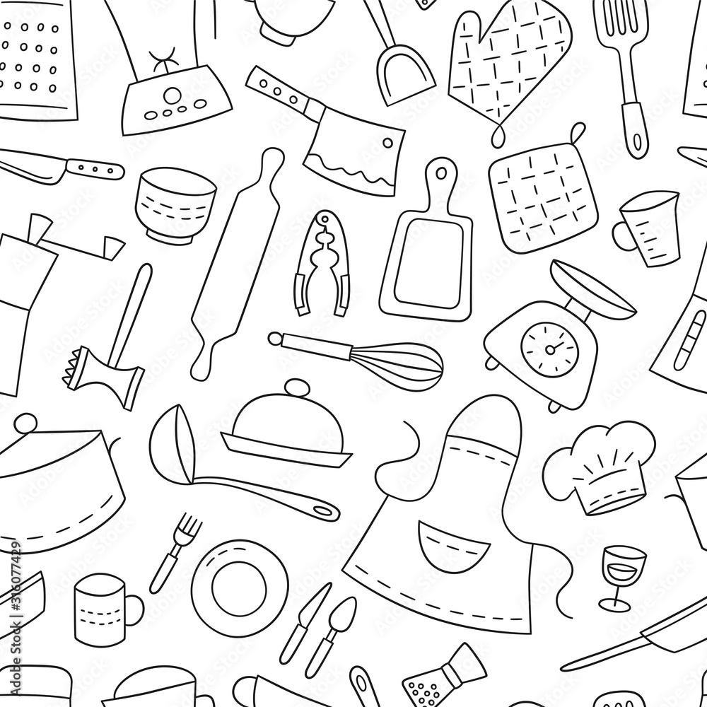 Fototapeta premium Kitchen tools and tableware. Cook. Seamless pattern. Hand drawn vector illustration in doodle style.