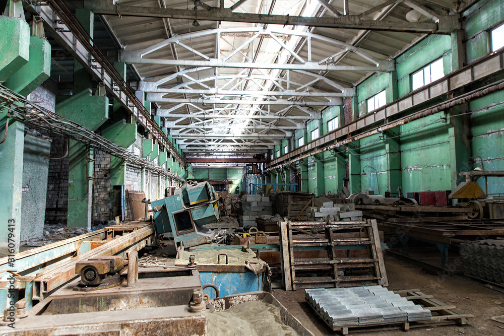 Slate production plant. Conveyor line. Workshop on processing of asbestos.