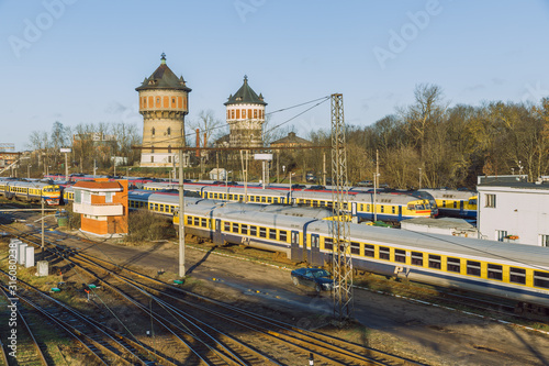 City Riga, Latvia. Railway station with wagons and rails.