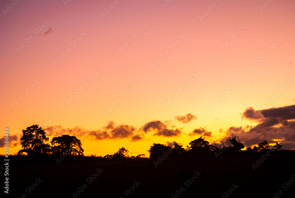 Dramatic sunset in rural area of ​​Guatemala, clear sky cold night of January 2020