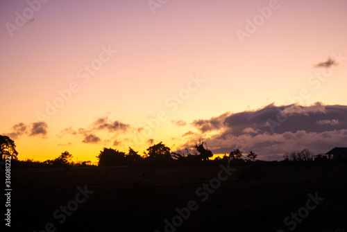 Dramatic sunset in rural area of       Guatemala  clear sky cold night of January 2020