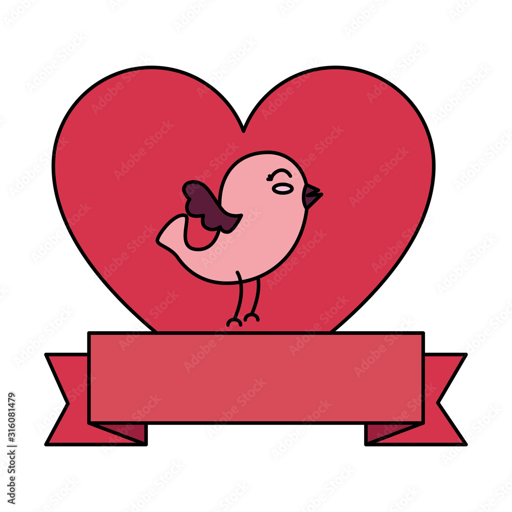 cute bird with heart and ribbon