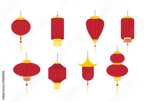Set of hanging red Chinese lanterns isolated on white background,Vector illustration.