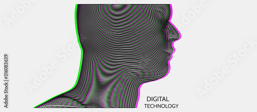 3d human face created in grid style. Artificial intelligence concept. Digital technology background. Vector illustration.