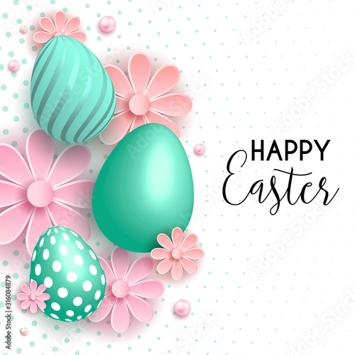 Happy Easter egg with flowers. Happy easter template with gold eggs, frame, pink flower. Vector illustration. Design layout for invitation, card, menu, flyer, banner