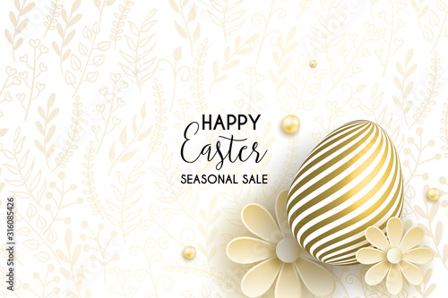 Happy Easter egg with flowers. Happy easter template with gold eggs, frame, pink flower. Vector illustration. Design layout for invitation, card, menu, flyer, banner