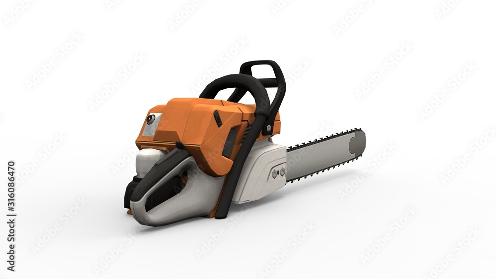 3d rendering of an orange chainsaw isolated in a white studio background 3d rendering of an orange chainsaw isolated in a white studio background