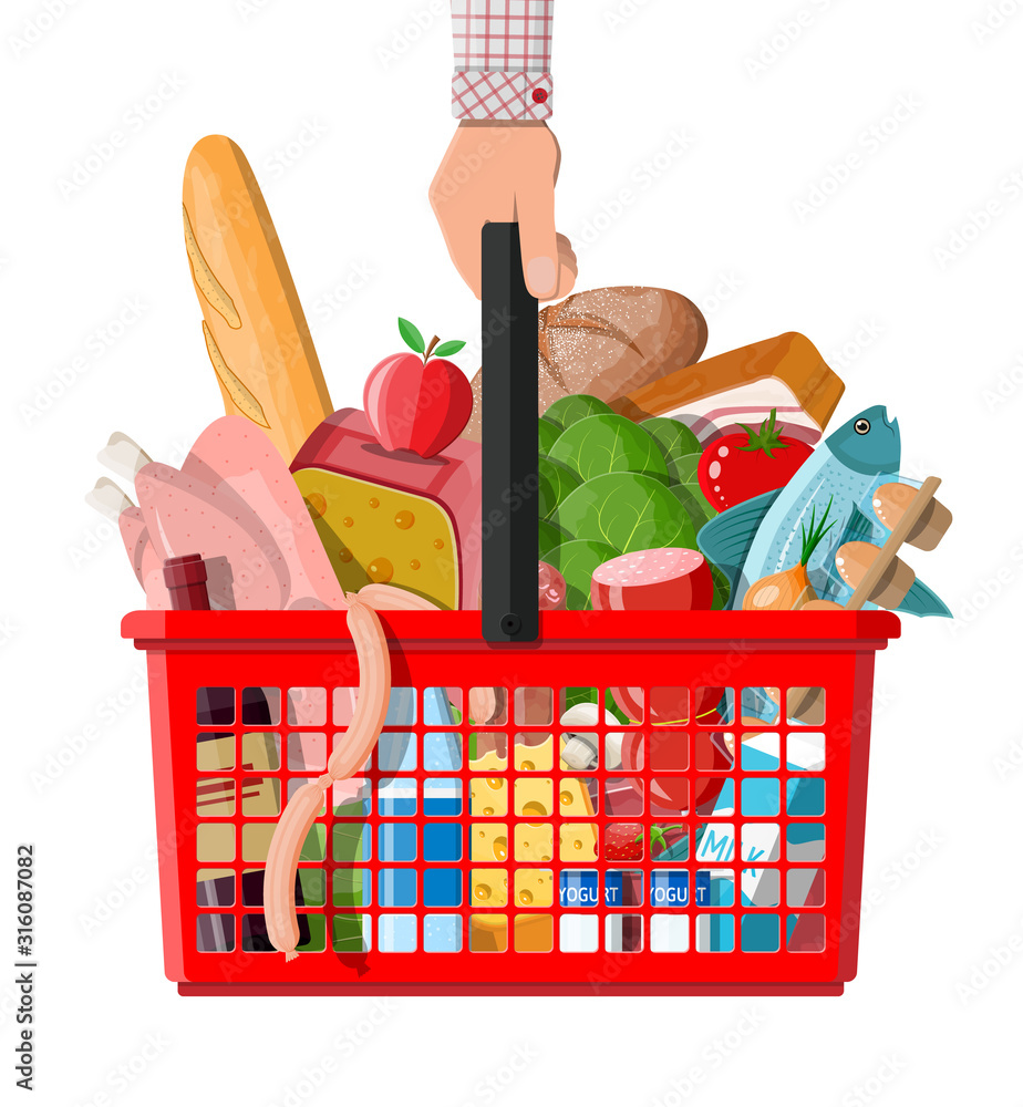Plastic shopping basket with fresh products. Grocery store supermarket. Food and drinks. Milk, vegetables, meat, chicken cheese, sausages, salad, bread cereal steak egg. Vector illustration flat style
