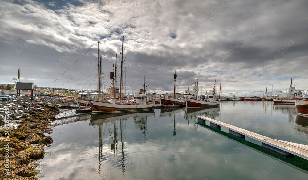 Husavik Harbor. Beautiful view of the historic town of Husavik.