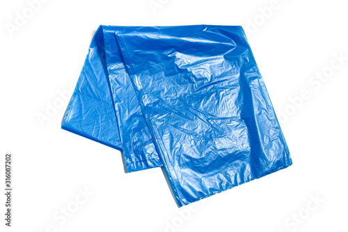 Blue plastic garbage bag isolated on the white background. Disposable bags for trash collecting.