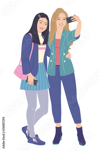 Young Women Taking Selfie Photo on Smartphone.