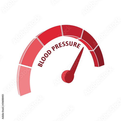 High blood pressure concept. Color scale with arrow. The measuring device icon. Vector illustration in isometric style. Infographic gauge element