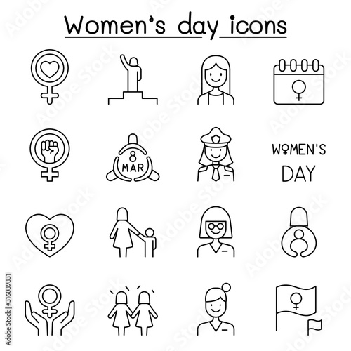 Female, woman, feminist, women’s day icons set in thin line style