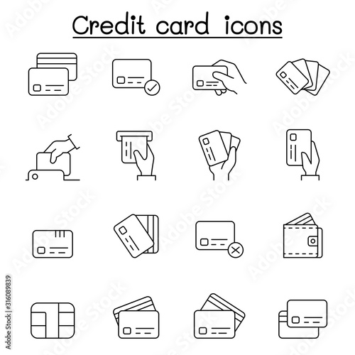 Credit card, Debit card, Payment, Shopping icons set in thin line style