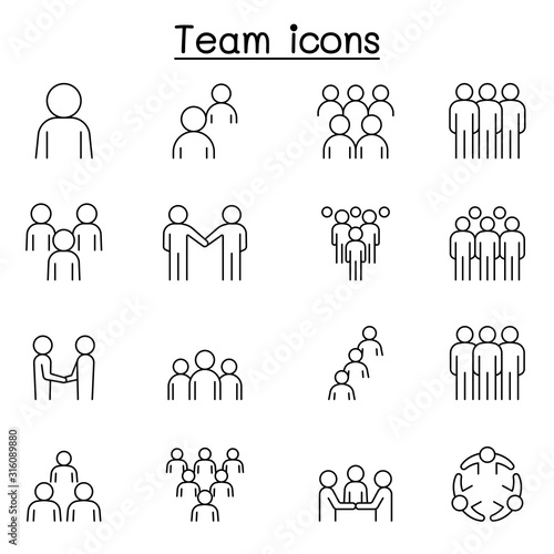 Teamwork, team, people icons set in thin line style
