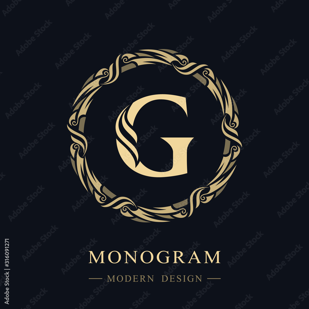 Obraz premium Round Ornament with Graceful Capital Letter G. Stylish Royal Emblem. Creative Logo. Drawn Luxury Monogram for Book Design, Brand Name, Business Card, Restaurant, Boutique, Hotel. Vector illustration