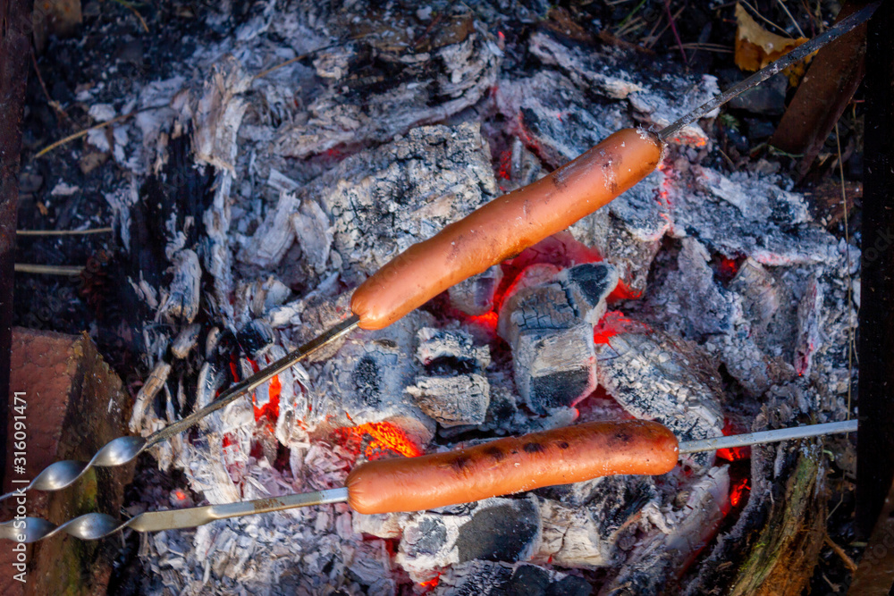 Sausages on skewers are grilled on the coals of a fire. Picnic in the nature. Sausages on skewers are grilled on the coals of a fire. Picnic in the nature.