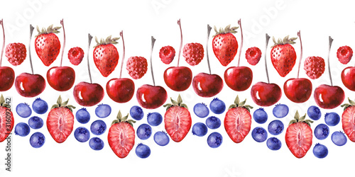 Watercolor seamless border with various cupcakes and ripe strawberries, blueberries, cherries and raspberries
