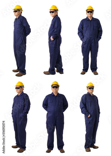 collection set of Full body portrait of a worker in Mechanic Jumpsuit isolated on white