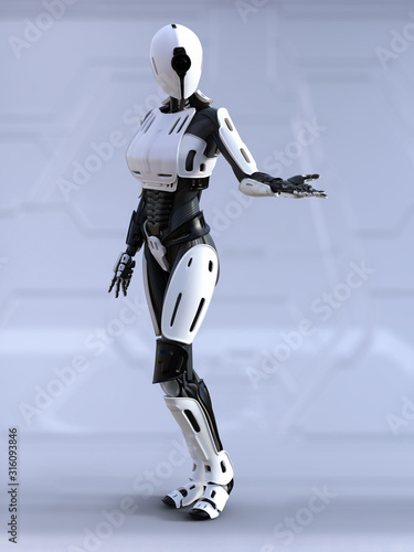 3D rendering of a female android robot posing.