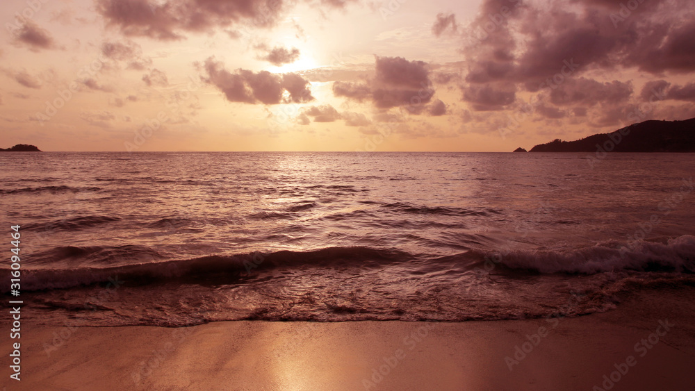 Sunset on a tropical beach, sunset sky, sunset sea, seascape, Thailand