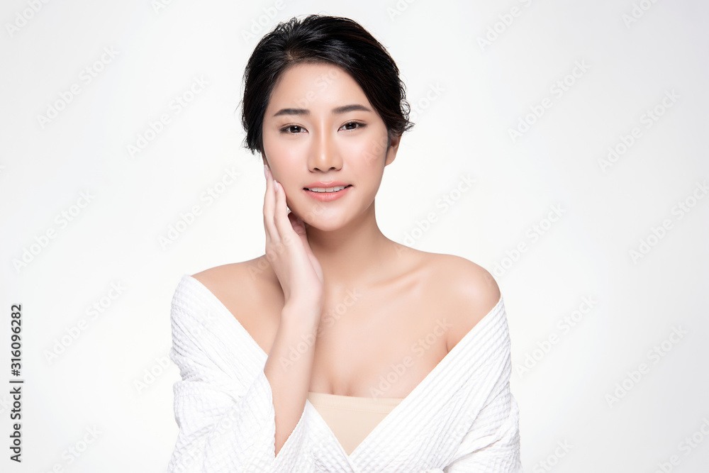 Portrait beautiful young asian woman clean fresh bare skin concept. Asian girl beauty face skincare and health wellness, Facial treatment, Perfect skin, Natural make up, on white background Portrait beautiful young asian woman clean fresh bare skin concept. Asian girl beauty face skincare and health wellness, Facial treatment, Perfect skin, Natural make up, on white background
