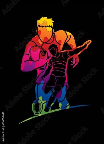Group of Rugby players action cartoon graphic vector.