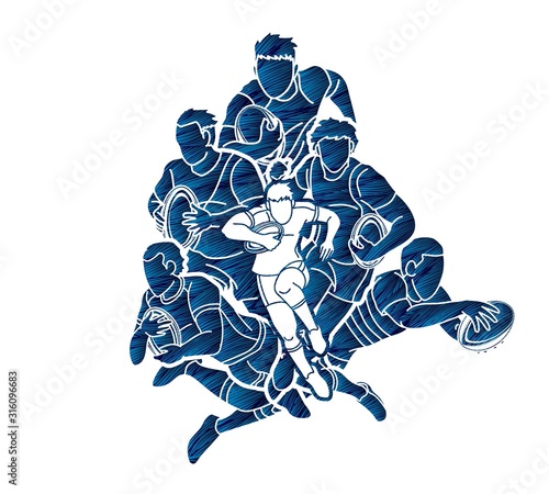 Group of Rugby players action cartoon graphic vector.
